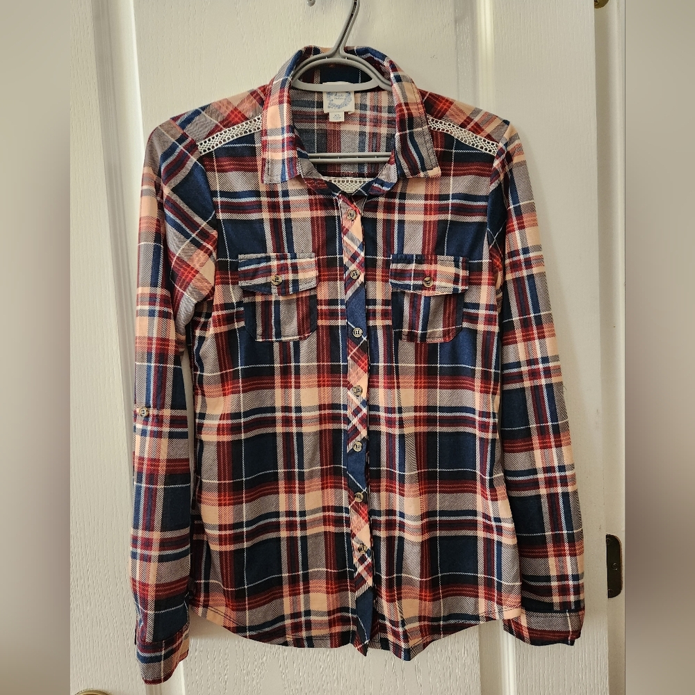 Blue Rain Francesca's Women's Plaid Roll Tab Long Sleeve Button Up Shirt Size XS